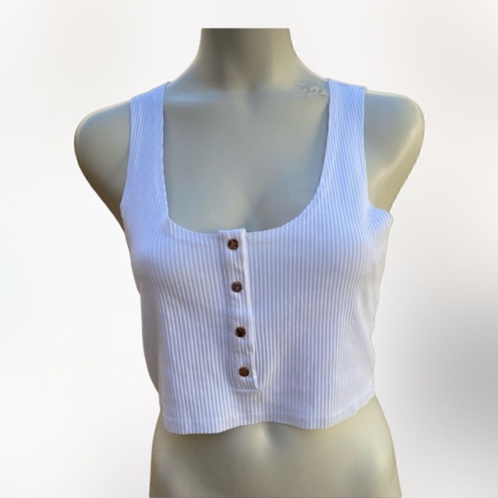 By the way. White ripped cropped tank top with gold buttons size medium
